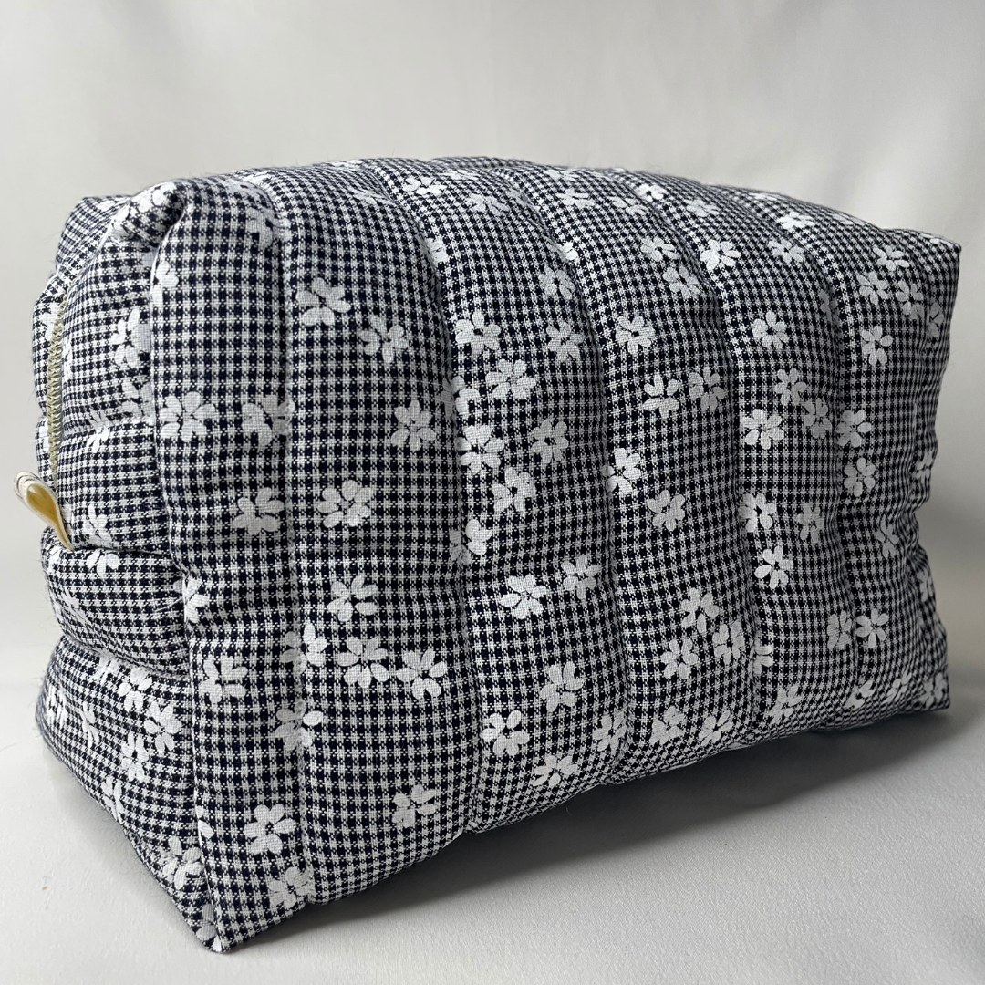 Trousse de toilette vichy bleu à fleurs - MAXI